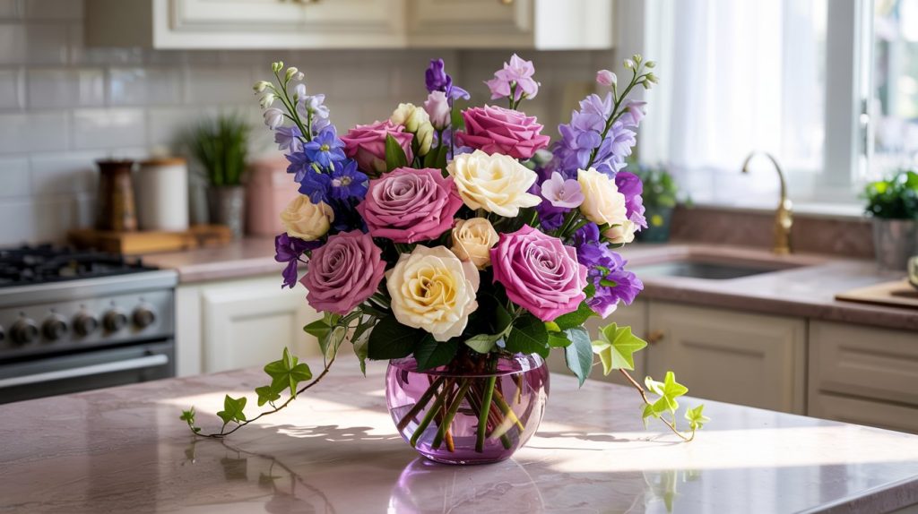 A lush bouquet of pink and cream roses with purple accents fills the home of a Beverly Hills mom celebrating Mother's Day.  The scene is a beautiful kitchen with light pink counters and quality cabinets.  Soft, indirect light fills the room from a nearby window.